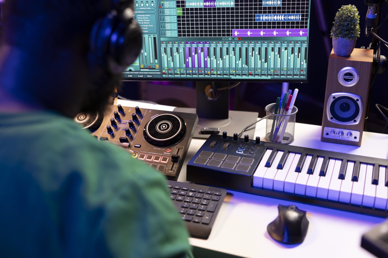 A music producer working at a studio mixing console