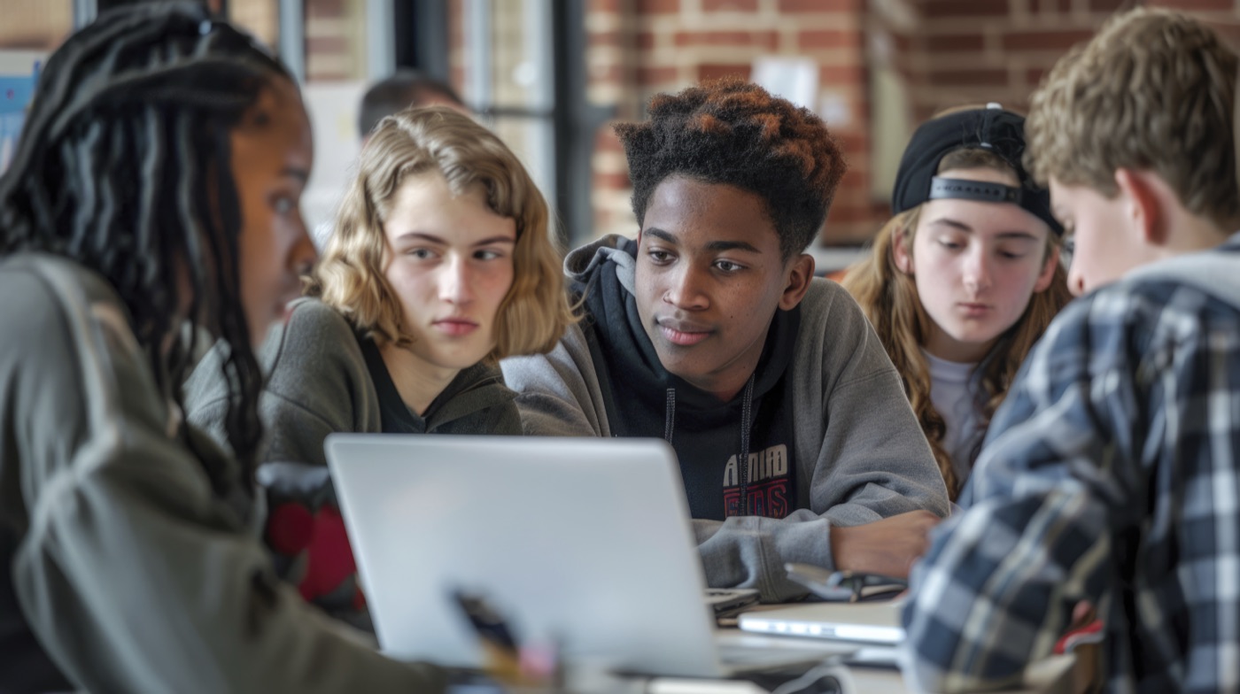 Students collaborating around a laptop in a classroom